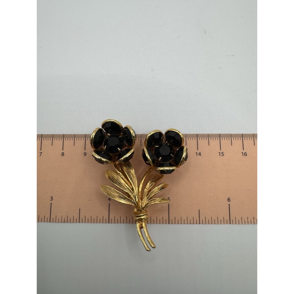 Vintage Black Crystal Gold Tone Flower Bouquet Brooch - Picture 4 of 11